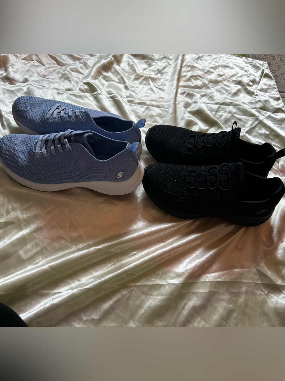 Pair of Size 9 Skechers Slip-On Knit Sneakers — Black & Light Blue - Picture 3 of 7